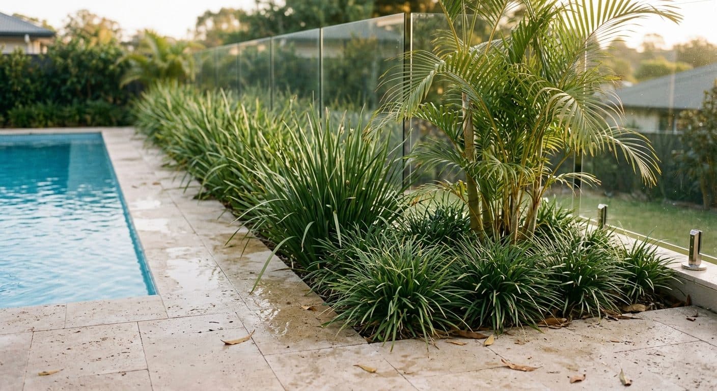 A poolside garden bed of dietes and lomandra edging travertine paving beside a blue pool, glass fence behind