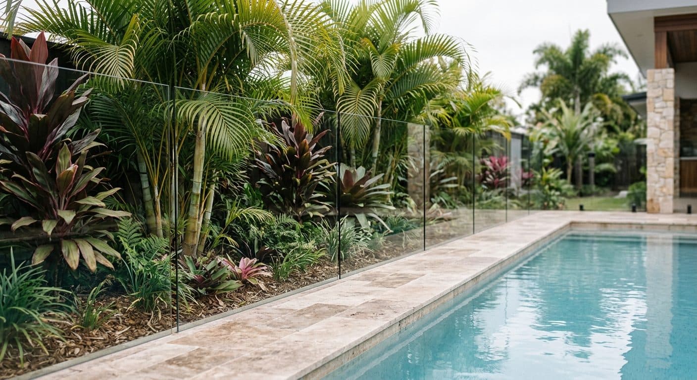 A Brisbane poolside garden bed of golden cane palm and cordyline behind glass fencing, with travertine paving edging a blue pool