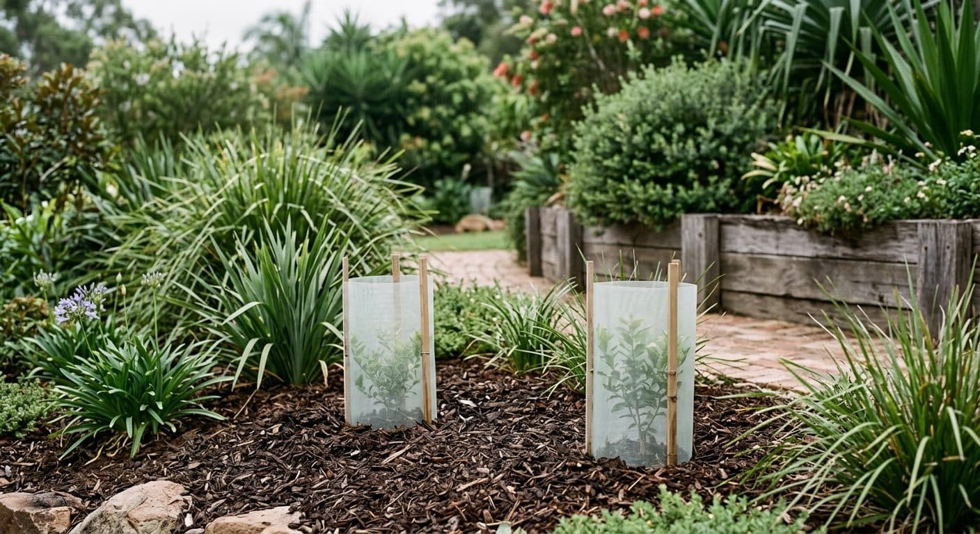 A newly planted bed with young shrubs under neat plant guards while they establish, surrounded by tough established planting