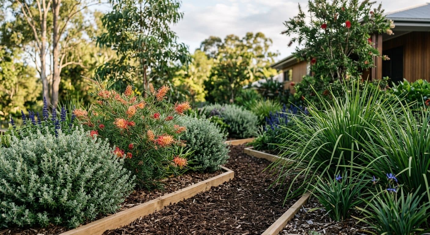 A lush Brisbane garden bed of tough, possum-resistant planting: massed westringia, lomandra, dianella and flowering grevillea