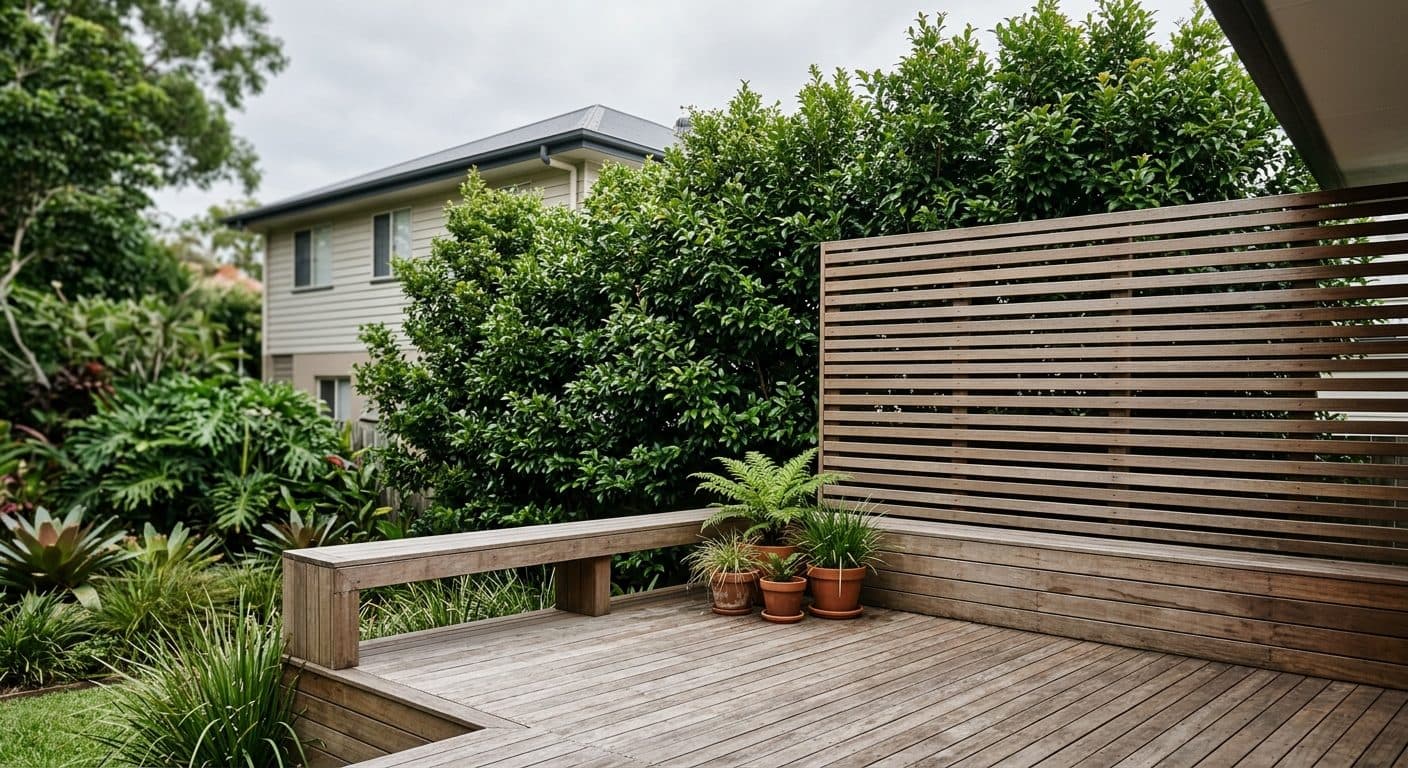 A raised Brisbane deck screened with a slatted timber panel and a layer of tall lilly pilly planting, breaking the sightline to a neighbouring upstairs window