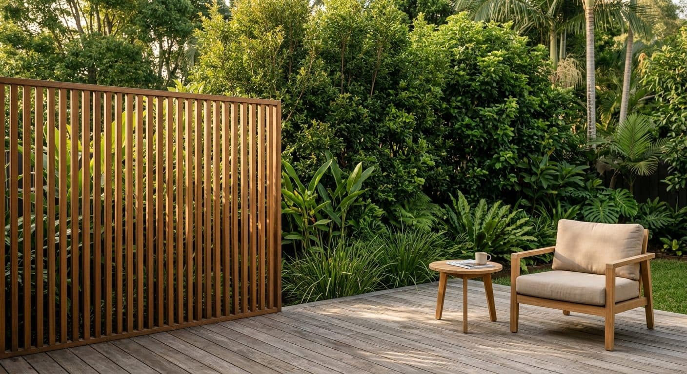 A Brisbane deck screened for privacy with layered green planting and a slatted timber screen instead of a solid fence