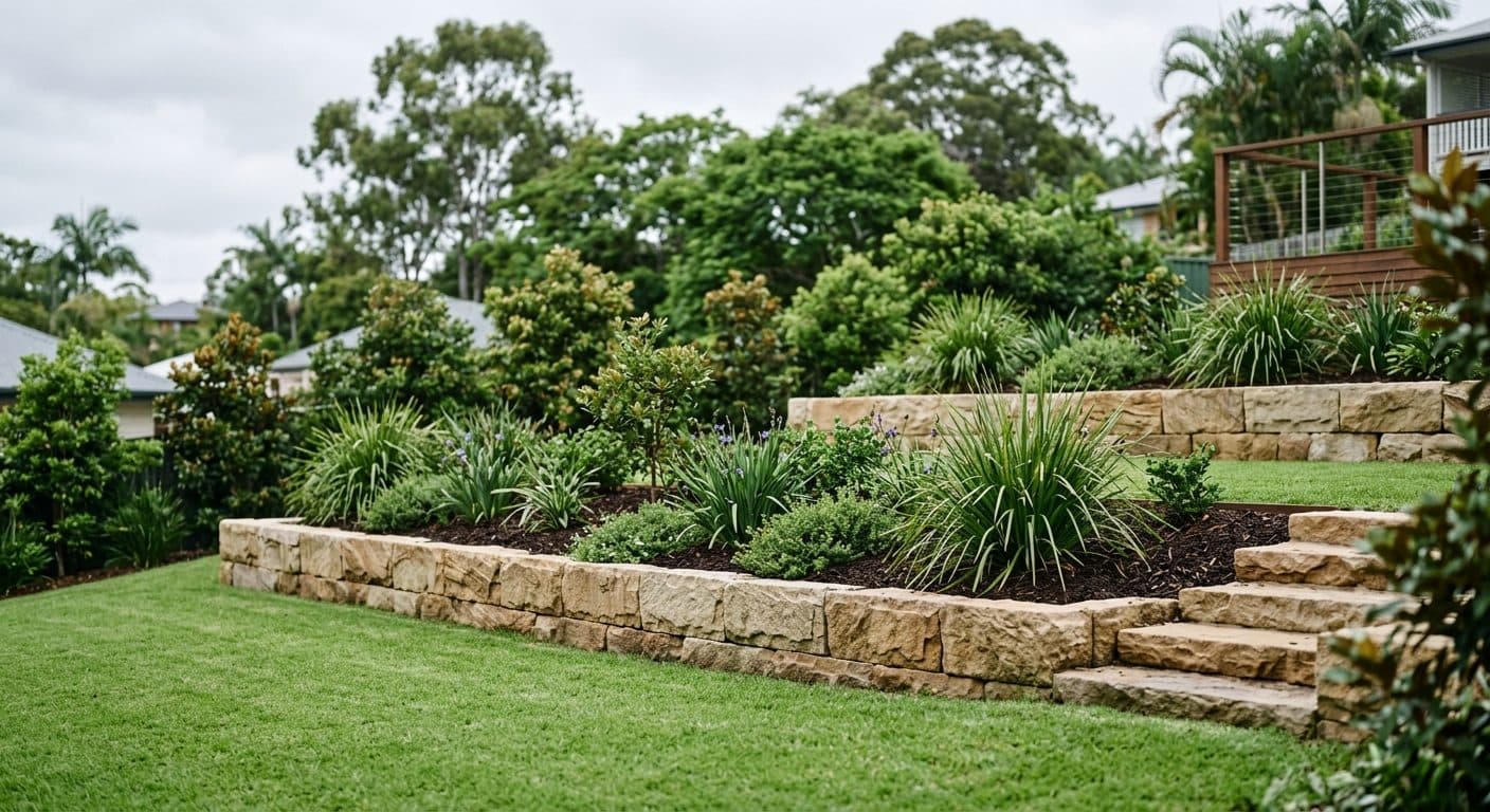 Stepped sandstone retaining walls dividing a sloping Brisbane backyard into level planted terraces