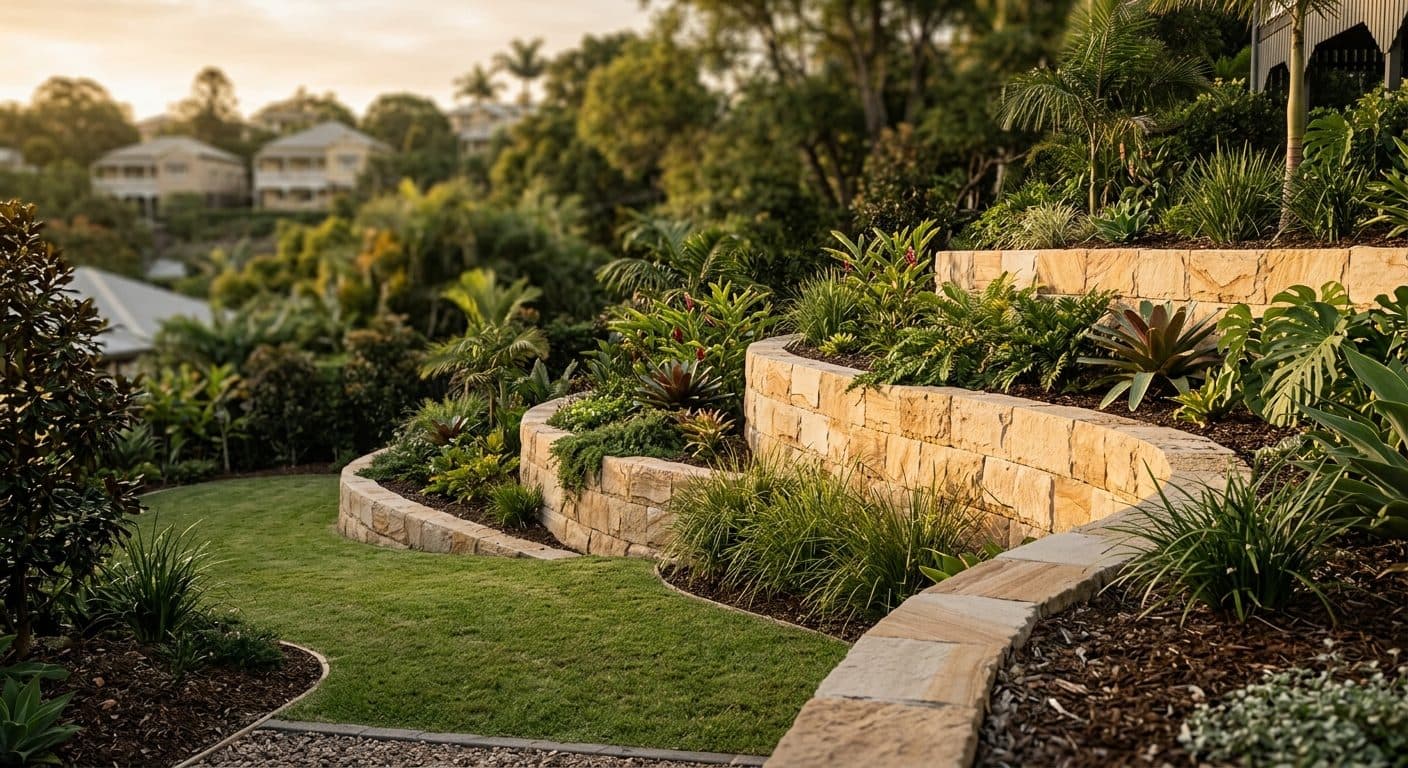 Stepped sandstone retaining walls on a sloping Brisbane block, creating level terraces with planting pockets between them