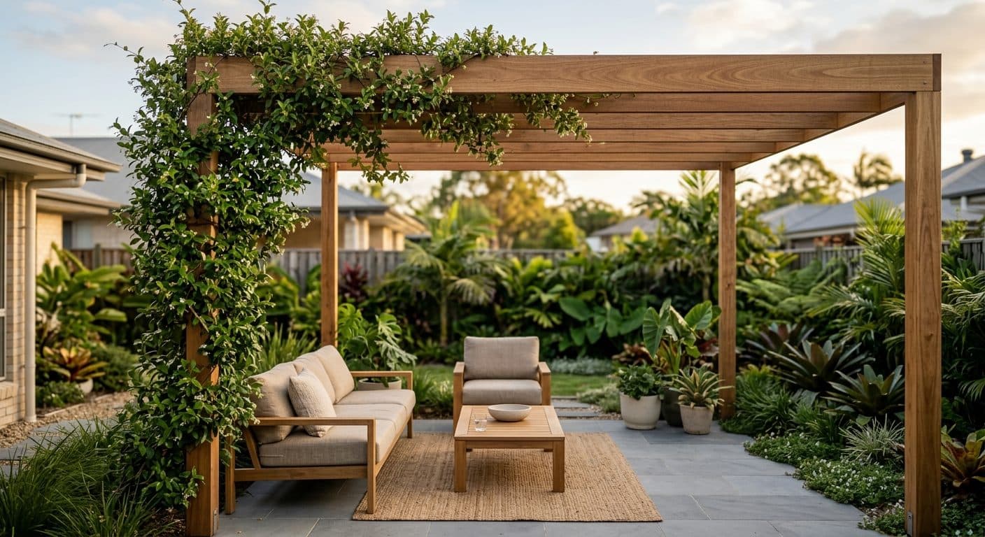 A timber pergola with a climbing vine shading a Brisbane outdoor living area against the low western sun
