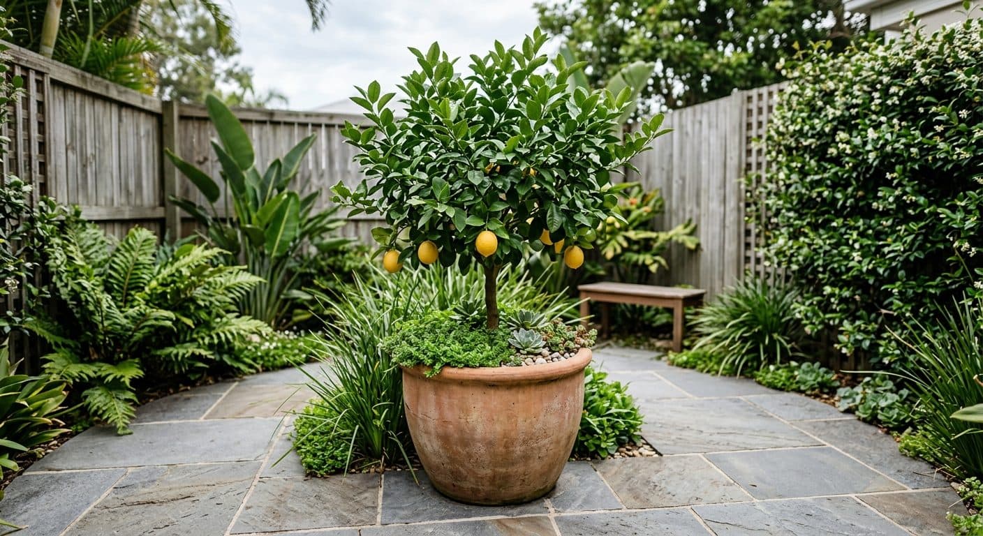 A dwarf Meyer lemon in a large pot bearing fruit in a small paved Brisbane courtyard