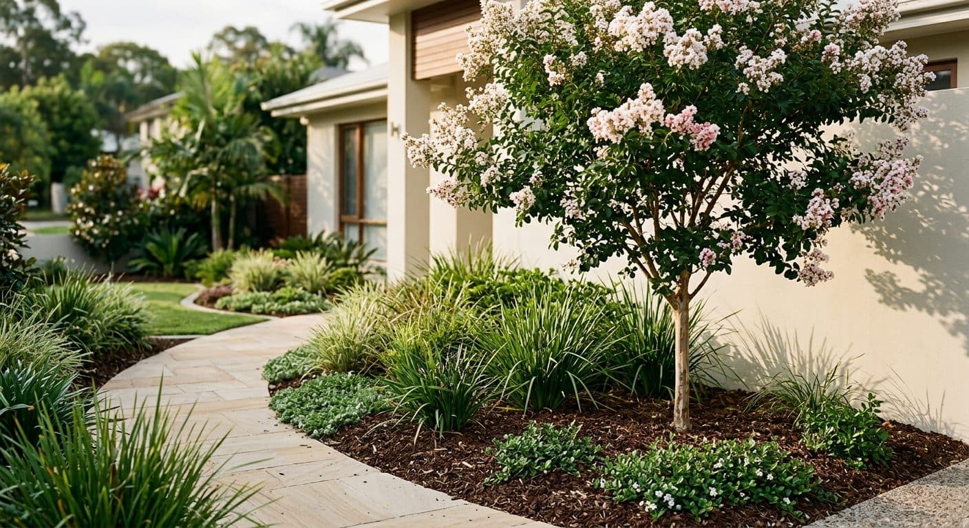 A crepe myrtle in flower shading a rendered wall in a well-kept Brisbane front garden