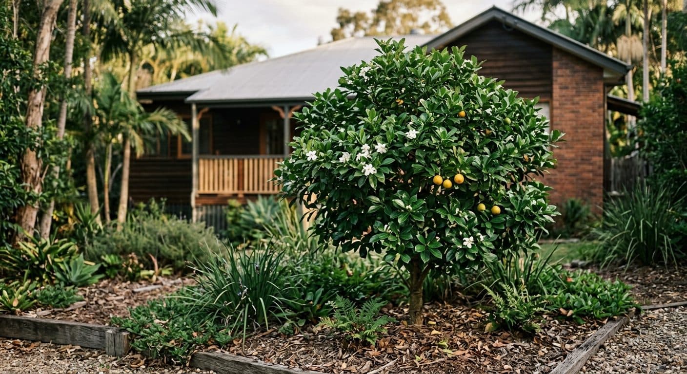 A native gardenia (Randia fitzalanii) as a small tree with glossy dark-green foliage in a Brisbane front garden