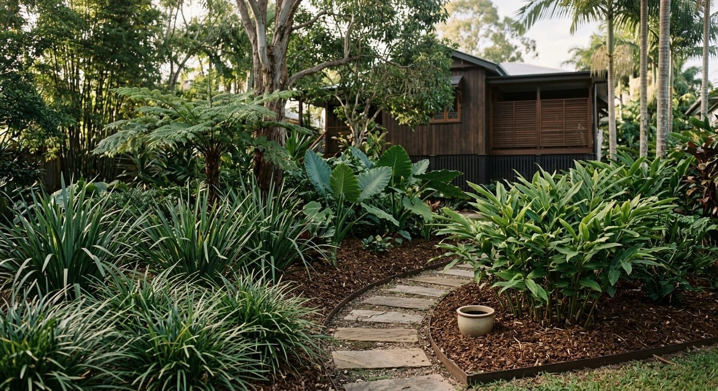 A lush Brisbane subtropical garden in soft autumn light, the best season for planting in the southeast