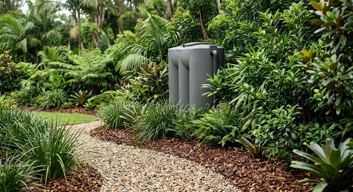 A Brisbane garden with a slimline rainwater tank behind screening planting, deep mulched beds and permeable gravel paths