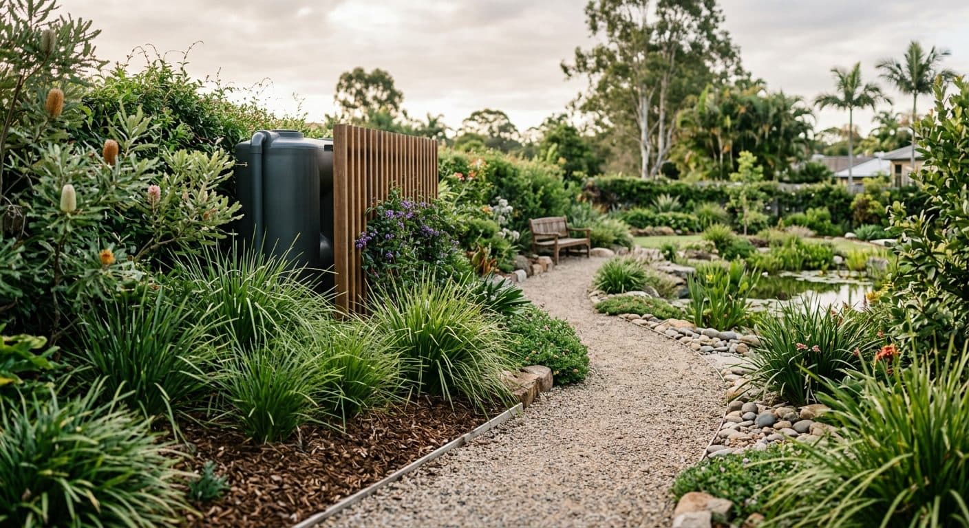 A water-wise, habitat-rich Brisbane garden with layered planting, permeable paths and a rainwater tank tucked behind screening