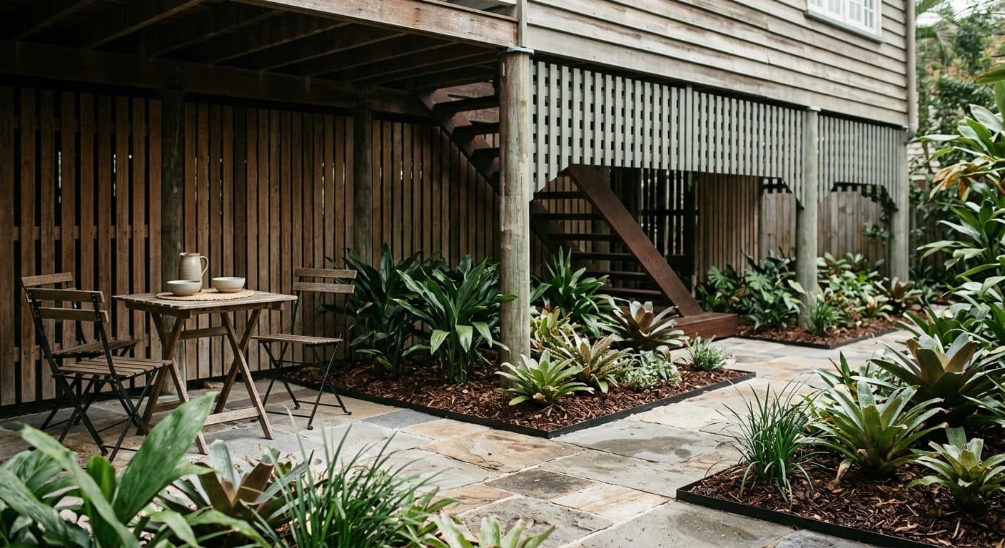 A raised Queenslander undercroft designed as a shaded paved courtyard, with cast iron plant and bromeliads in the dry-shade beds and timber screening on the underhouse