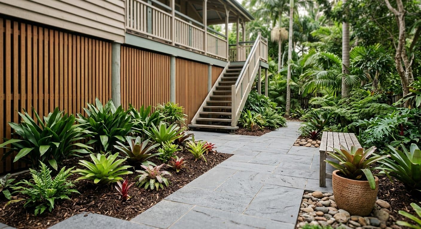The shaded undercroft beneath a raised Queenslander, designed as a paved courtyard room with dry-shade planting and screened underhouse