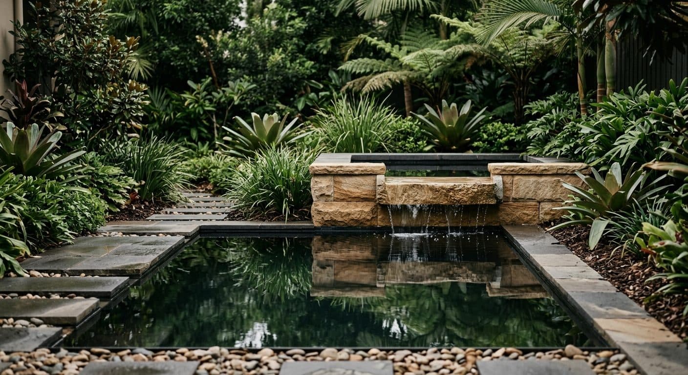 A dark reflection pool with a stone spillway mirroring lush planting in a modern Brisbane courtyard