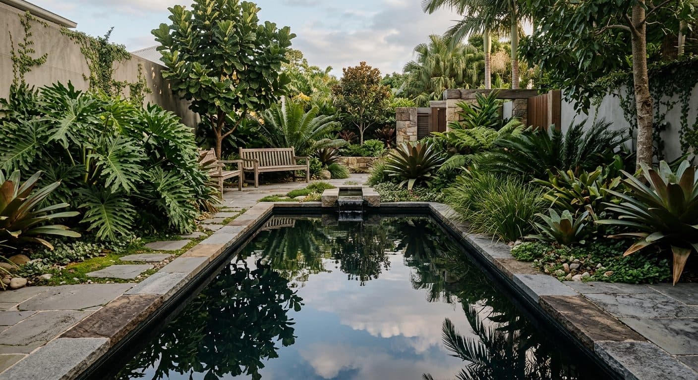 A still reflection pool with a stone spillway in a subtropical Brisbane courtyard garden