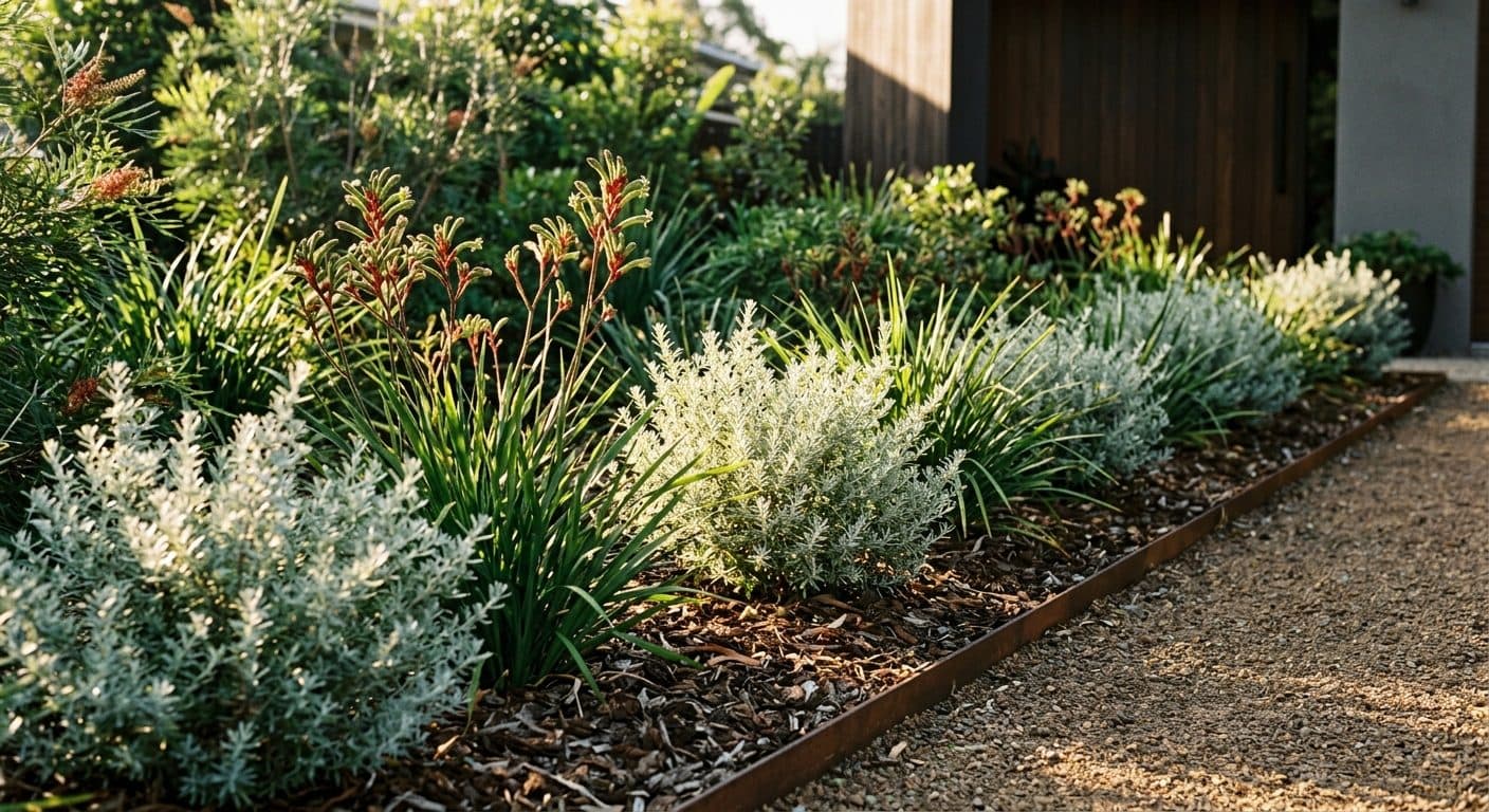 A hot western garden edge planted with hardy silver and strappy foliage that shrugs off the afternoon sun
