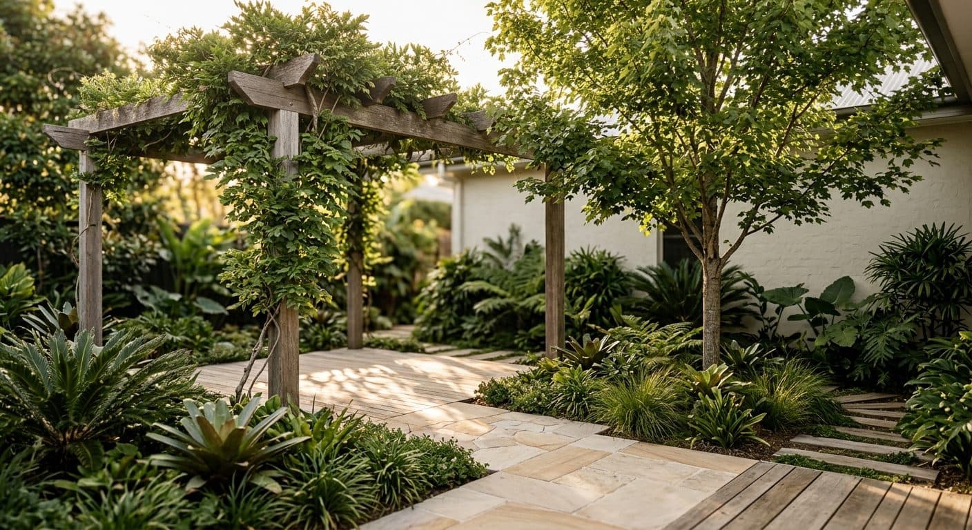 A deciduous shade tree and a timber pergola softening low western sun over a Brisbane courtyard