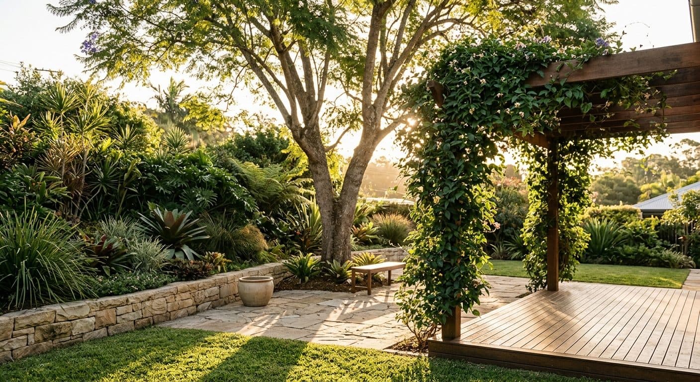 A shaded, comfortable west-facing Brisbane garden with a deciduous tree and pergola softening the low afternoon sun