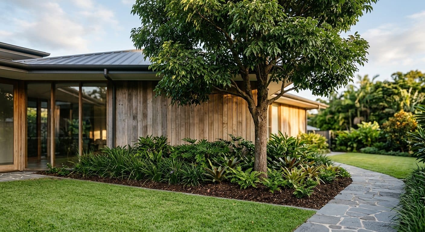 A well-placed shade tree set a sensible distance from a Brisbane house, canopy shading a wall and clear of the roof and paving