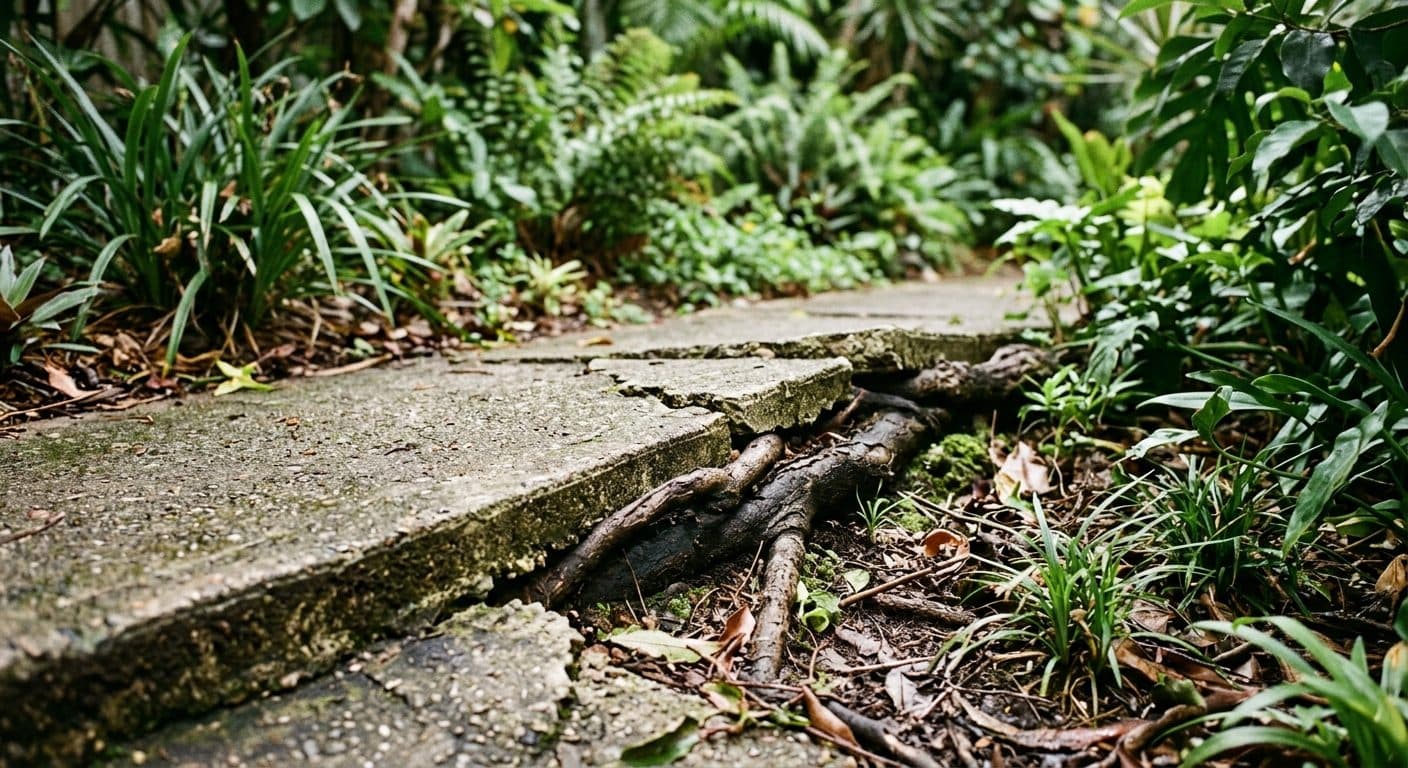 Tree roots beginning to lift and crack the edge of an old concrete path in a Brisbane garden