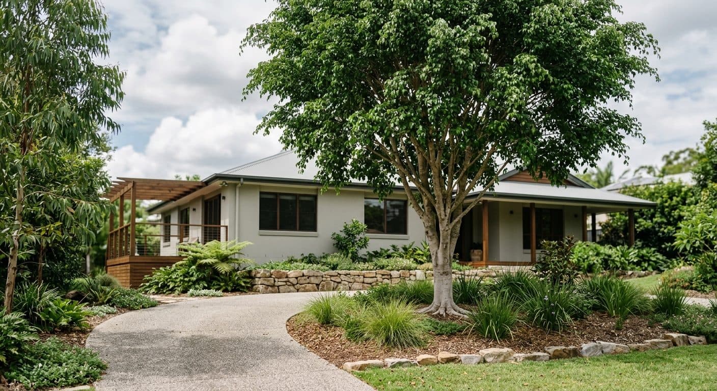 A well-placed shade tree set a sensible distance from a Brisbane house, roots and canopy clear of the building, driveway and services