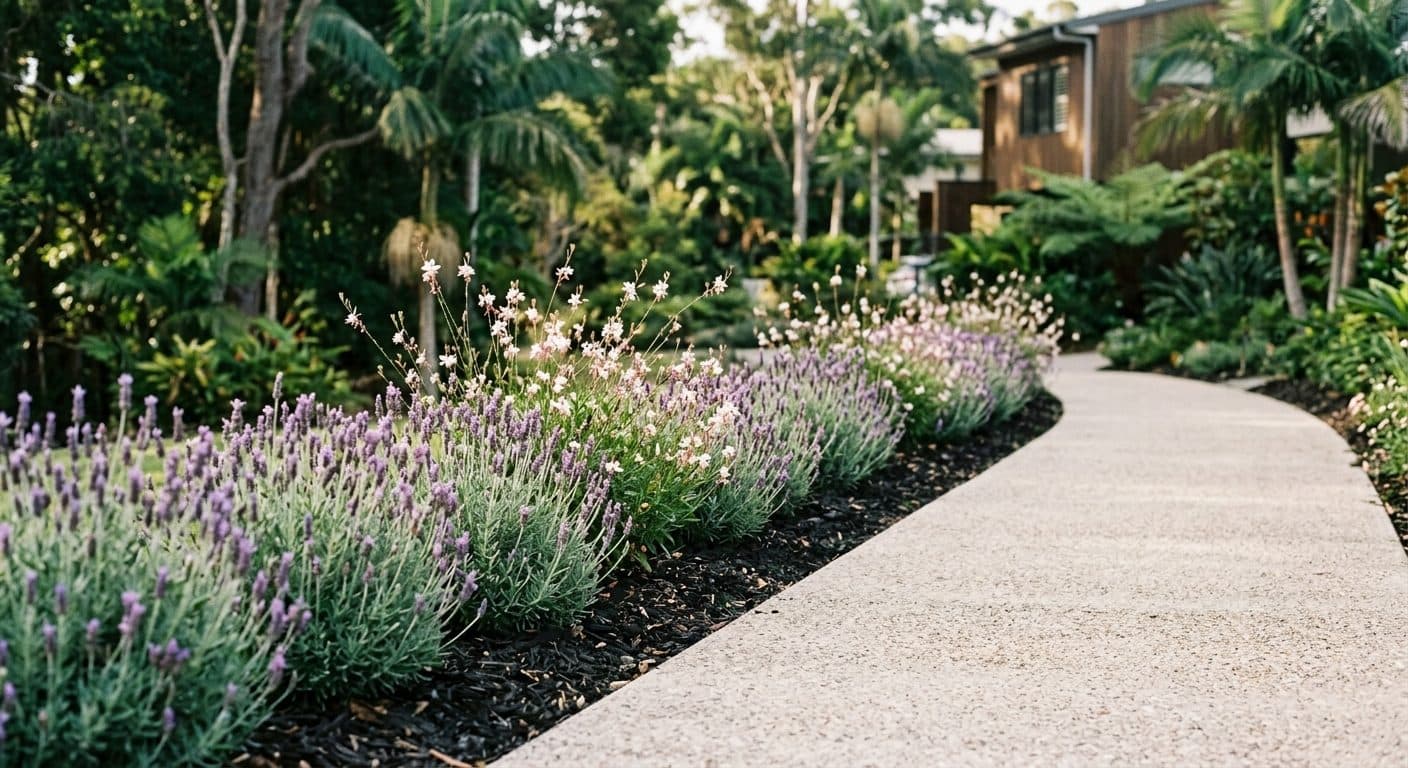 A long, thin Brisbane garden bed planted with a mass of lavender and gaura repeating in clumps