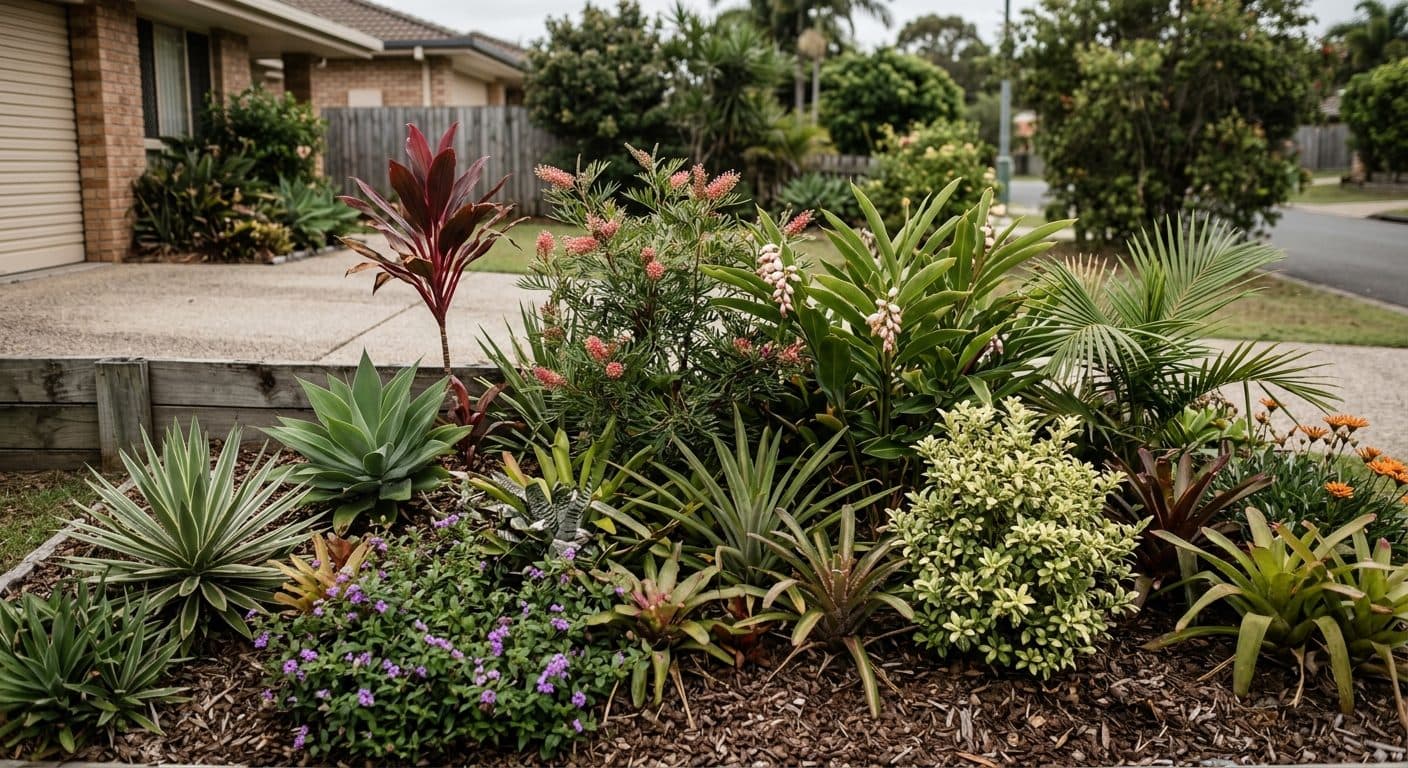 A Brisbane garden bed crammed with many different single plants in clashing shapes, heights and colours that looks cluttered and busy