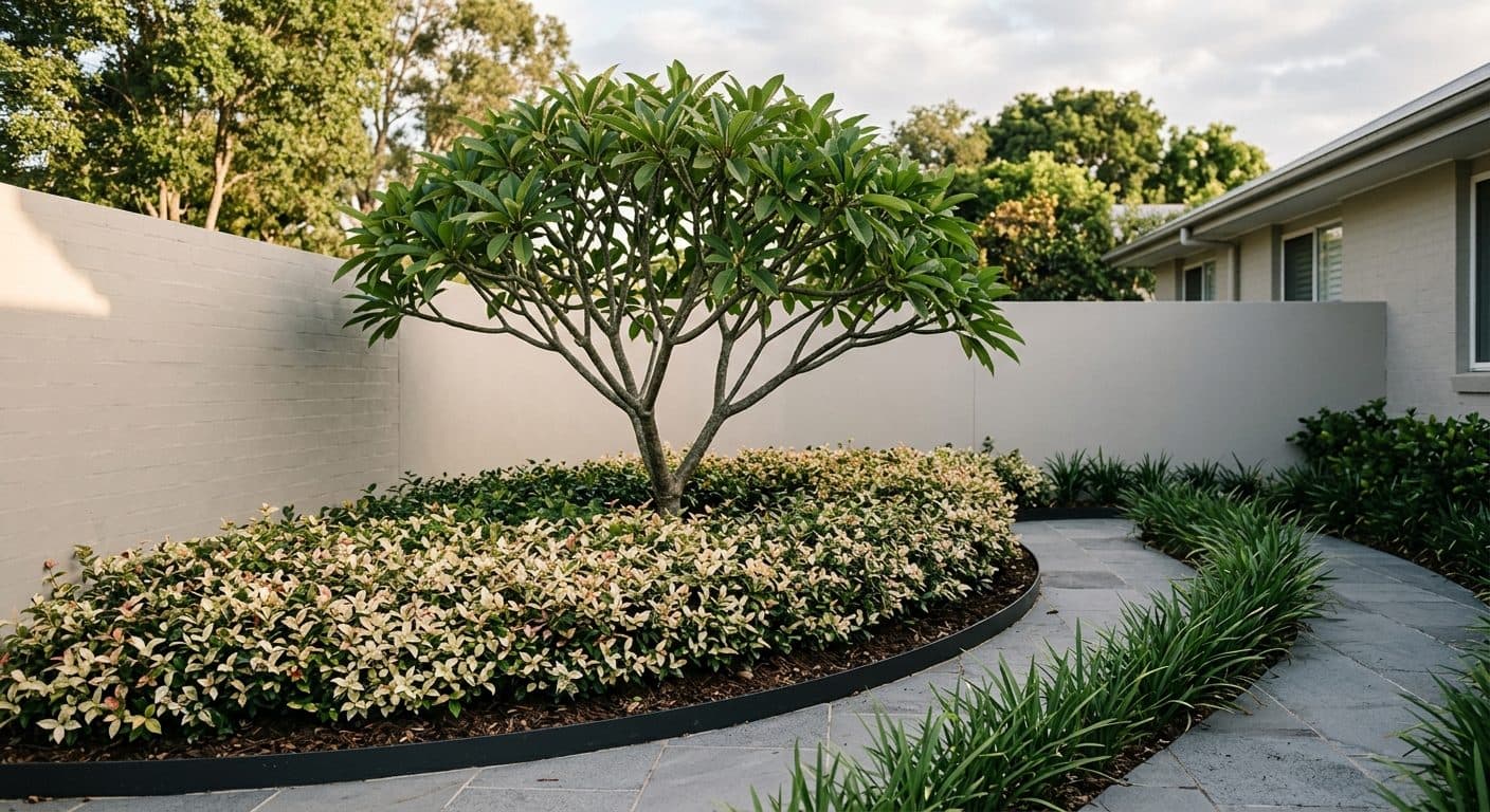 A calm Brisbane front garden with a single frangipani underplanted with a dense mass of tricolour jasmine, a repeated line of dianella along the path, fresh dark mulch and a clean edge