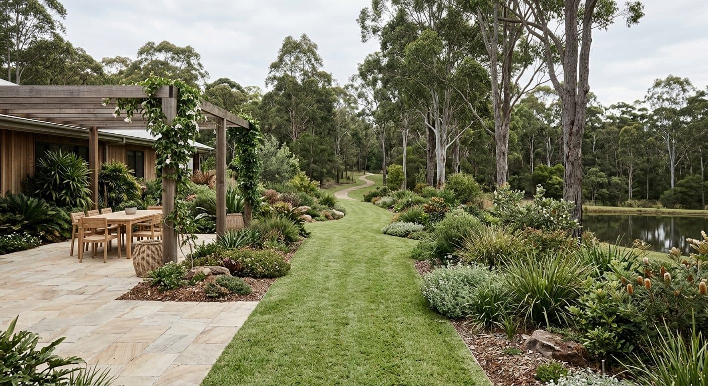 A large Logan acreage garden with detail and budget concentrated in an entertaining zone near the house, loosening into massed native planting and mown paths toward tall gums at the boundary.