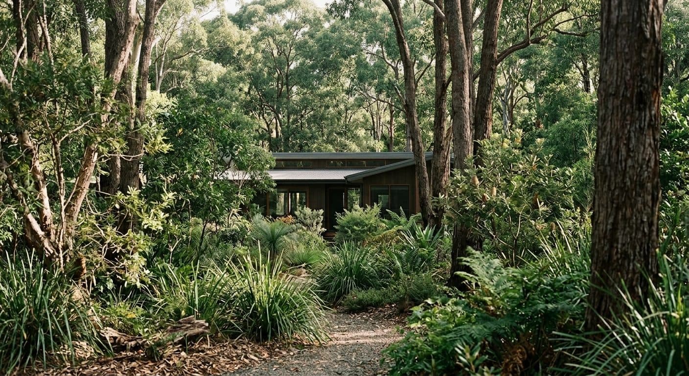 A leafy eastern Logan bush block set beneath mature eucalypts, layered native understorey and a low-set home glimpsed through the canopy.