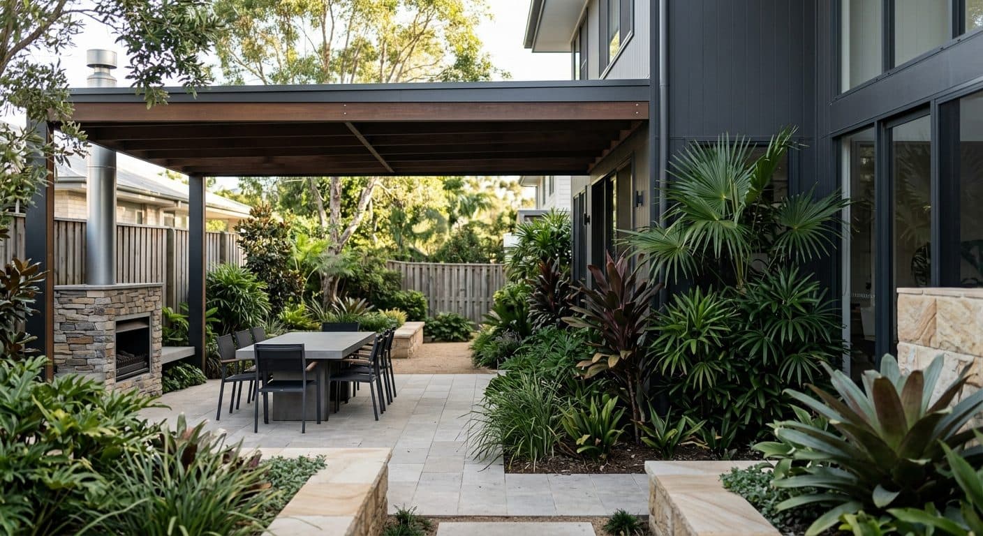 A newly designed North Lakes estate garden, a shaded entertaining zone and structural planting cooling the western wall of a modern home on a compact block.