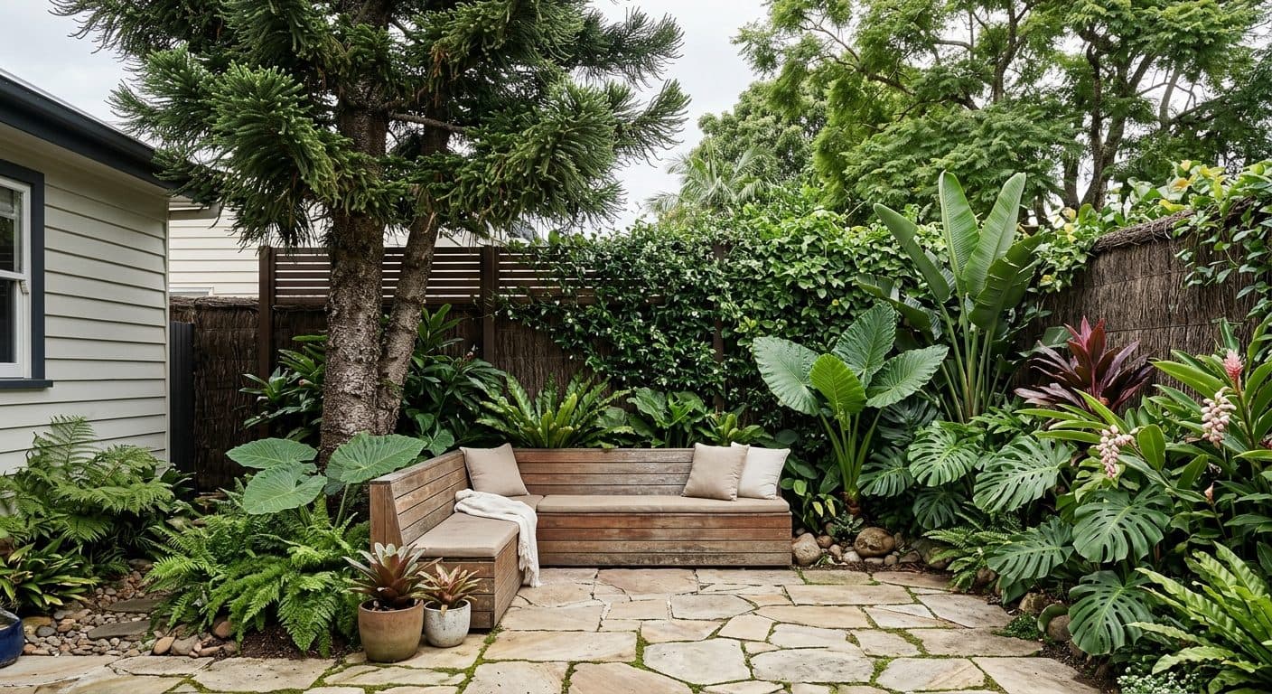 A compact New Farm cottage courtyard, privacy screening and layered subtropical planting around a built-in bench, one strong tree anchoring the small space.