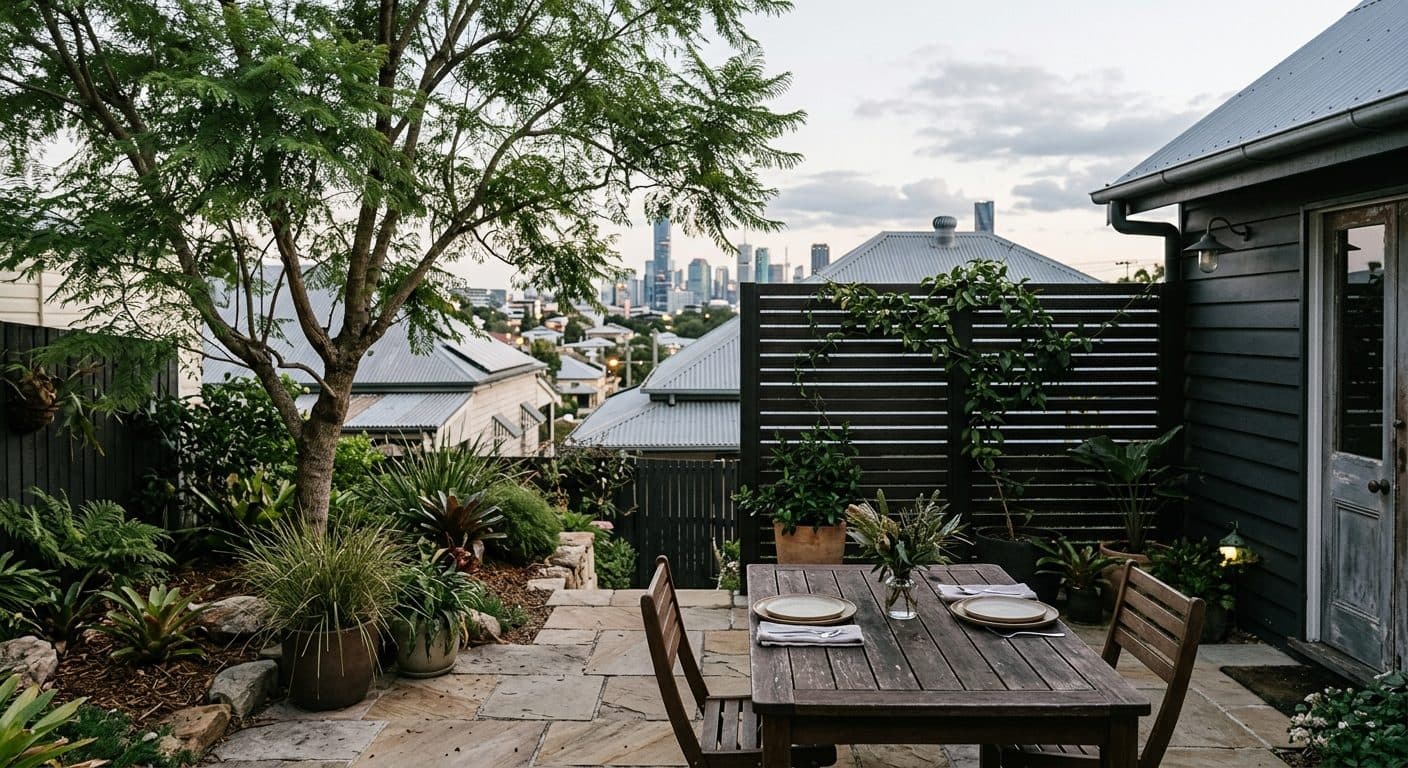 A small Paddington rear courtyard behind a tin-and-timber cottage, one well-placed tree and a dining table, borrowed rooftop views to the city beyond a screened neighbour's wall.