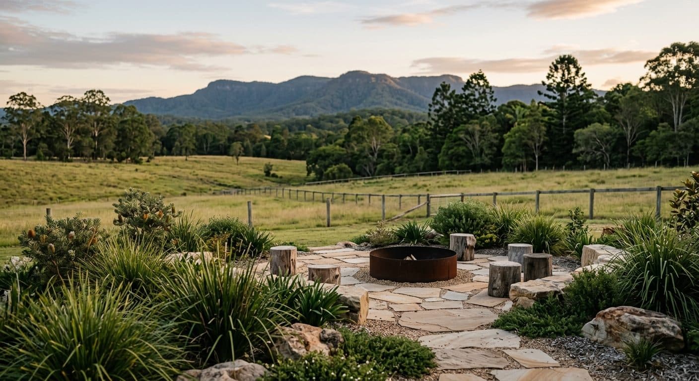 A Samford Valley acreage garden framing the D'Aguilar Range on the horizon, low loose planting and a fire-pit terrace set where the evening light falls, paddocks in between.