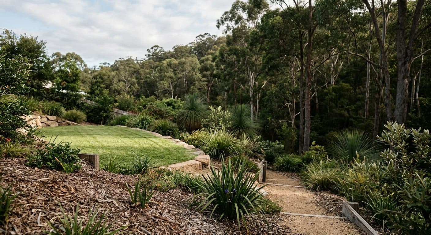 A Gap family garden backing onto a forested gum ridge, tough-leaved native planting and coarse mulch across the slopes, one healthy lawn in the sunniest pocket.