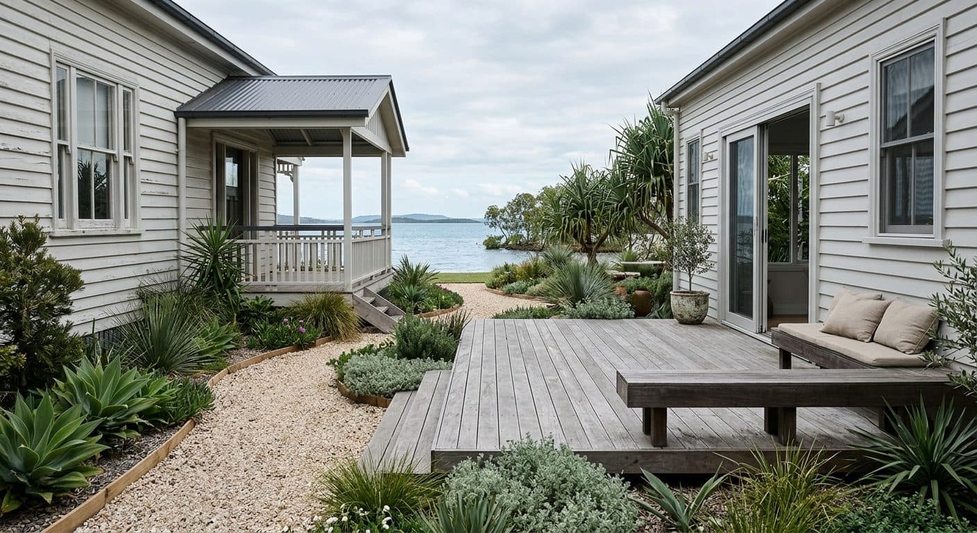A bayside Wynnum outdoor room off a weatherboard home, a silvered hardwood deck oriented to catch the sea breeze, salt-tolerant coastal planting and shell-toned gravel paths toward Moreton Bay.