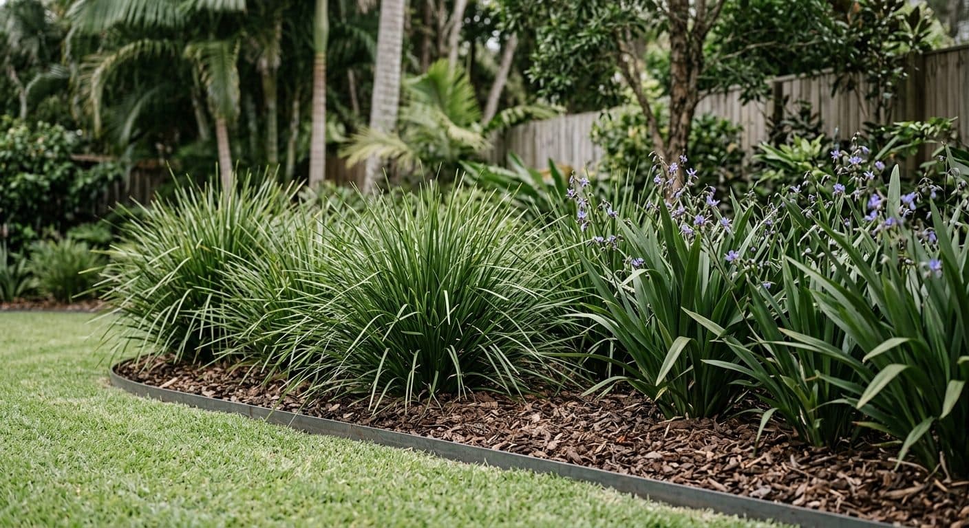 A low-maintenance Brisbane garden bed of massed lomandra and dianella in bold drifts under deep hardwood mulch, a clean steel mowing edge dividing bed from lawn.