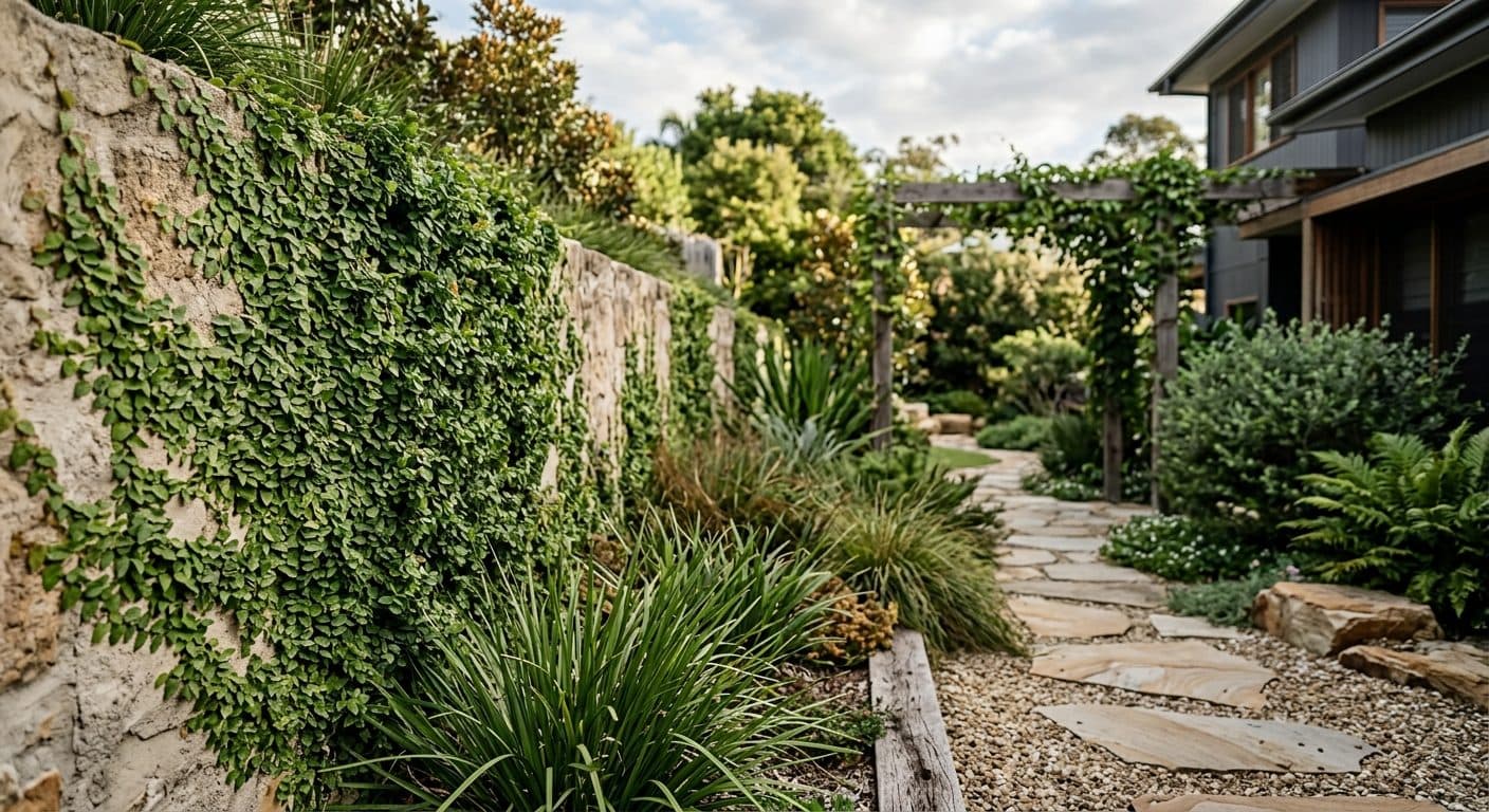 A wall densely covered in the small overlapping leaves of climbing fig (Ficus pumila) in a Brisbane garden in a Brisbane garden setting