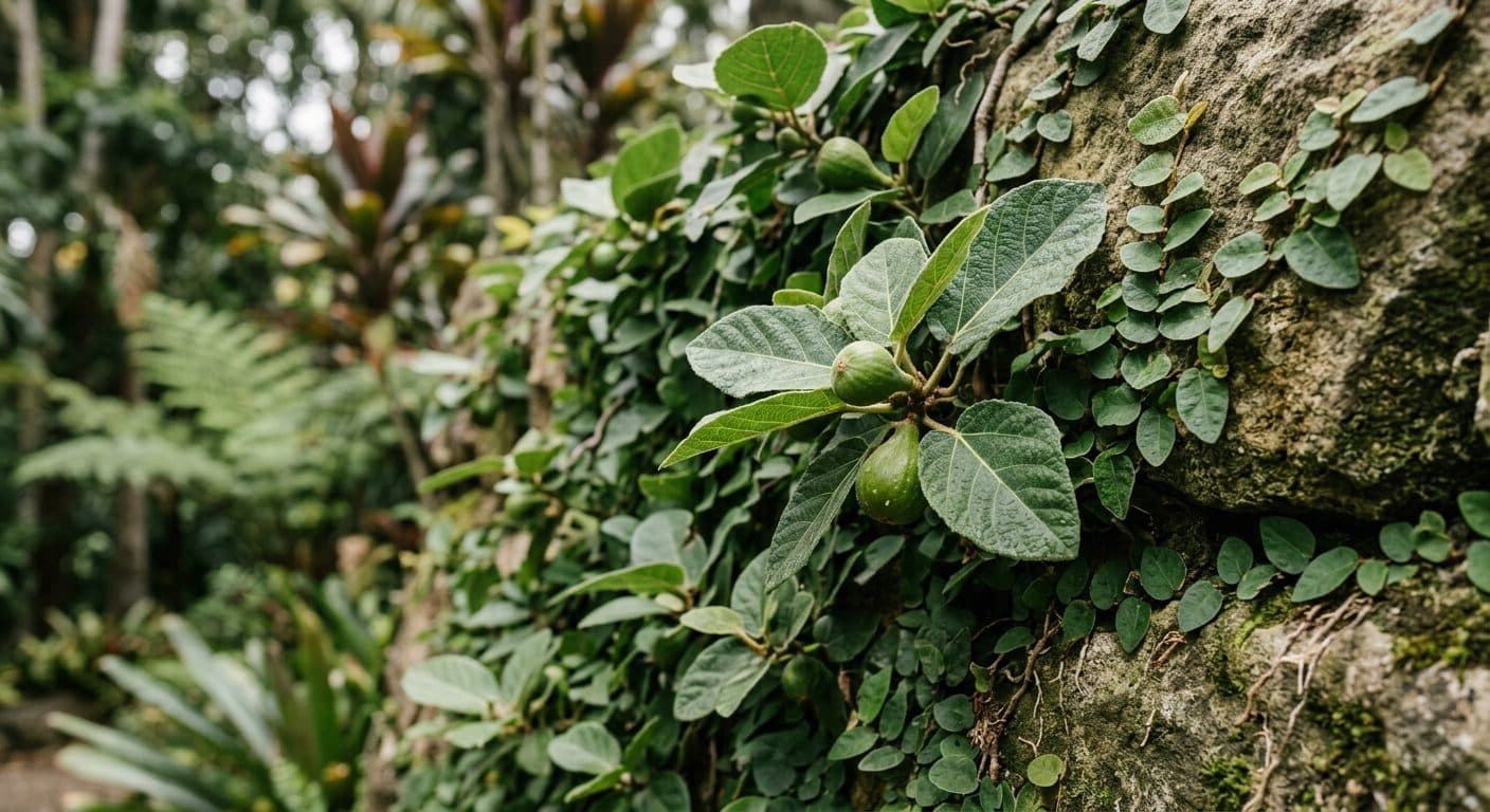 A wall densely covered in the small overlapping leaves of climbing fig (Ficus pumila) in a Brisbane garden detail