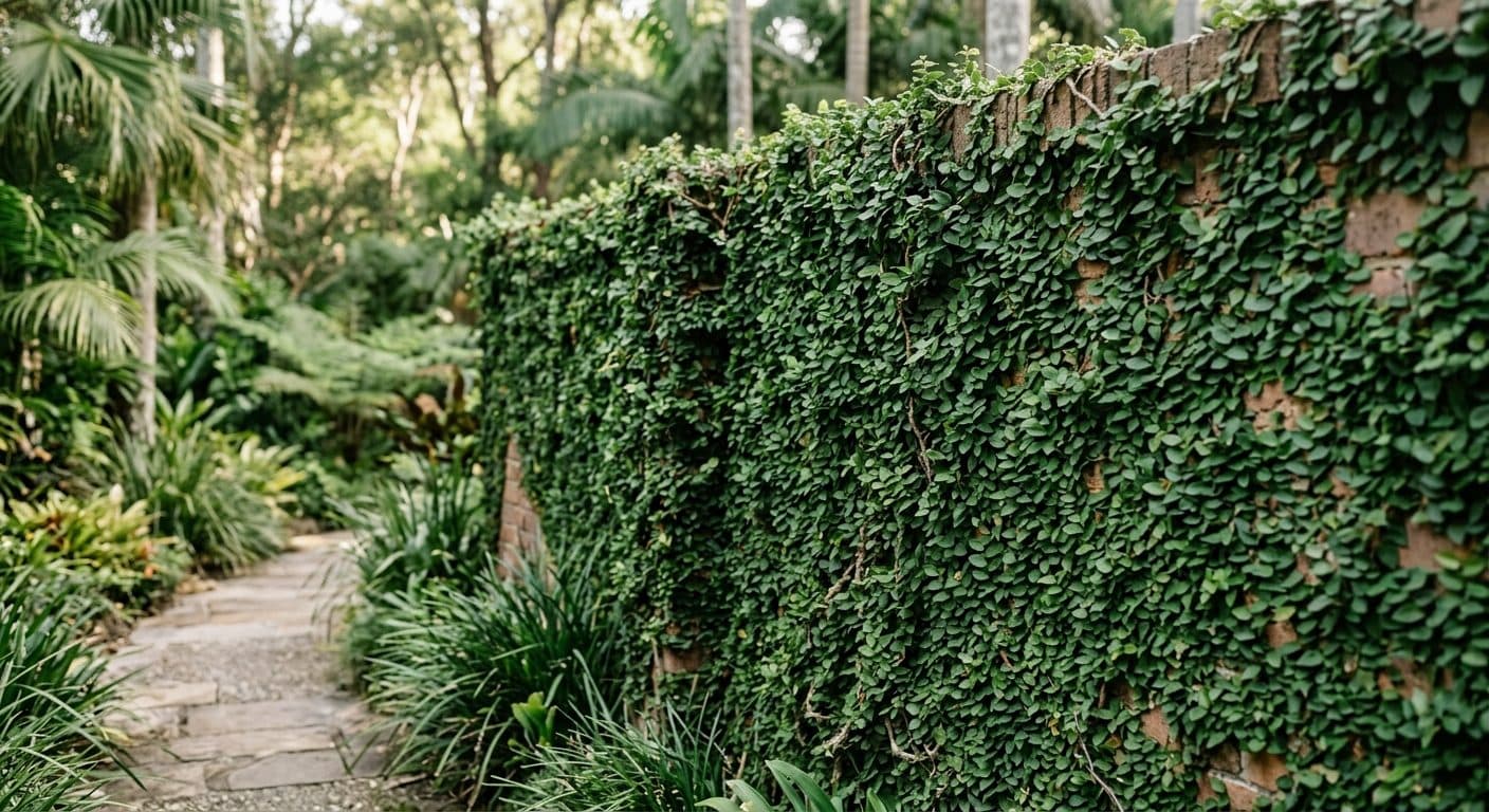 A wall densely covered in the small overlapping leaves of climbing fig (Ficus pumila) in a Brisbane garden