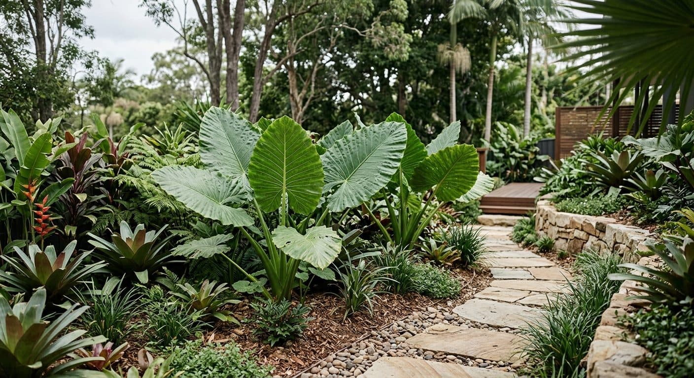 Large glossy heart-shaped Alocasia elephant ears leaves in a lush, shaded Brisbane courtyard garden in a Brisbane garden setting