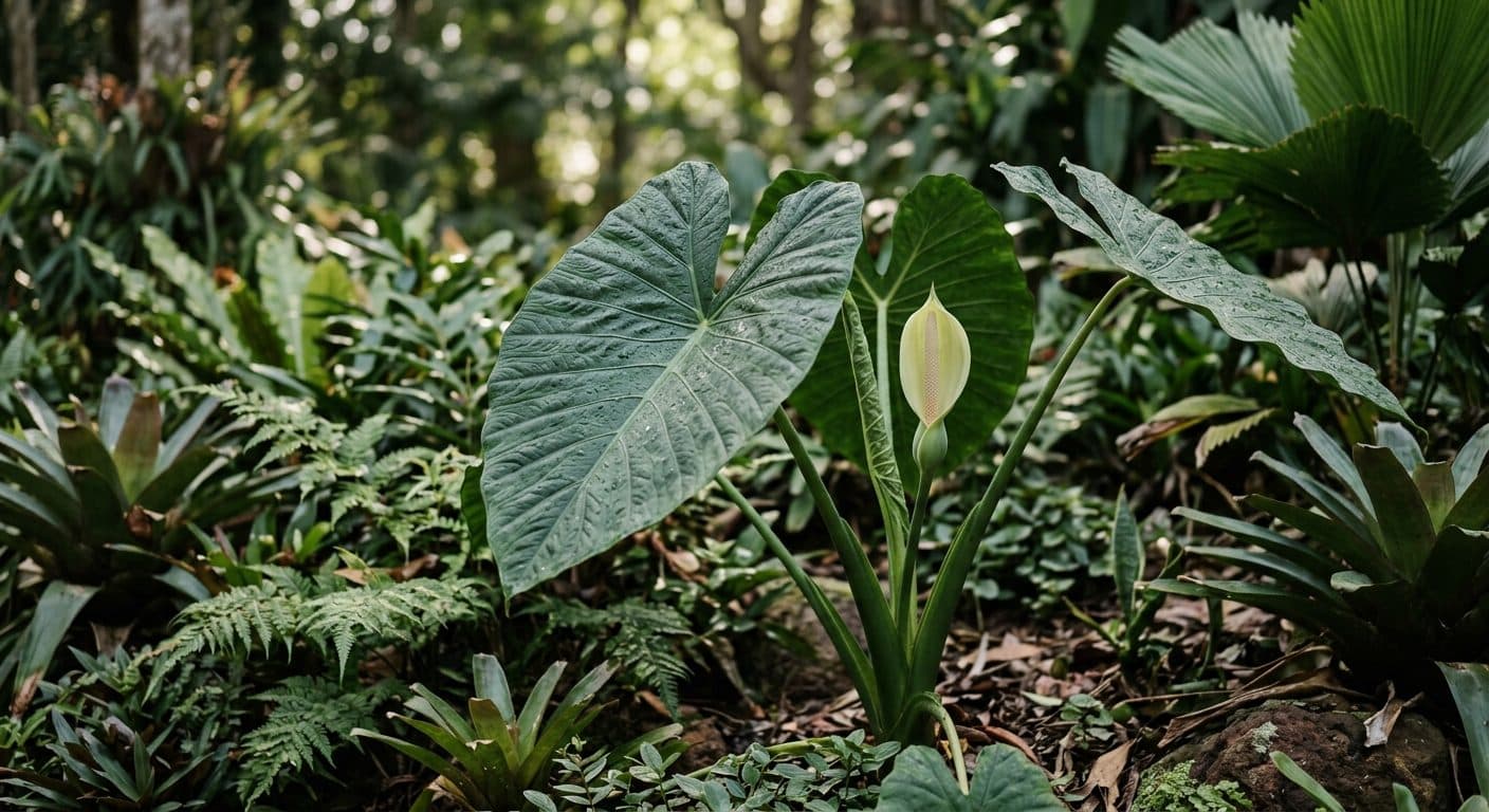 Large glossy heart-shaped Alocasia elephant ears leaves in a lush, shaded Brisbane courtyard garden detail