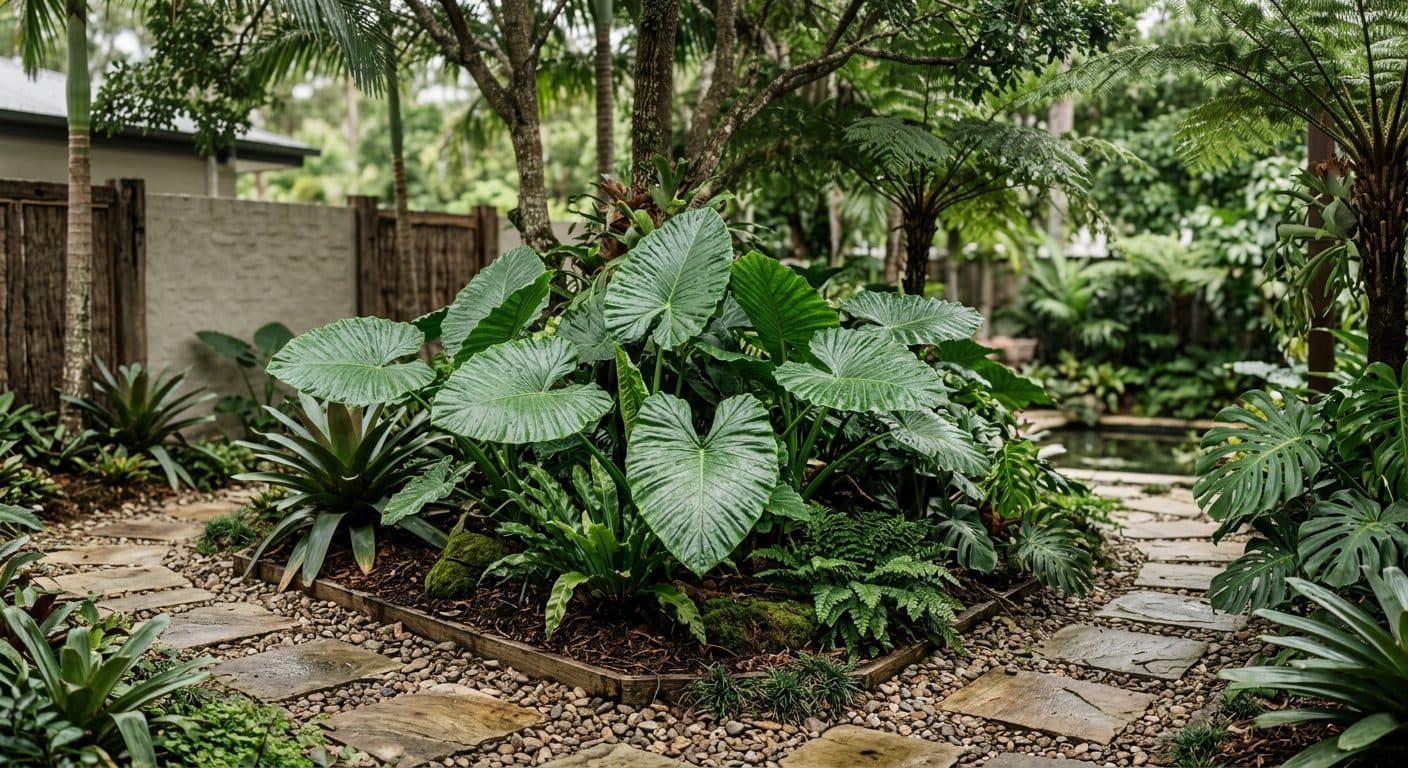 Large glossy heart-shaped Alocasia elephant ears leaves in a lush, shaded Brisbane courtyard garden