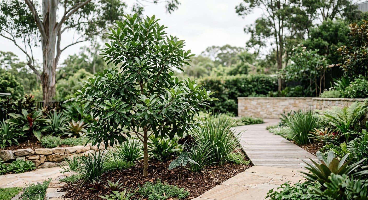 Glossy dark-green foliage of an Eumundi quandong flushing pink and bronze at the tips on an upright rainforest screen tree in a Brisbane garden in a Brisbane garden setting