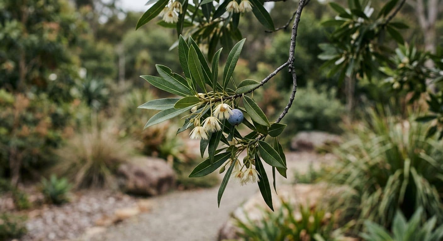 Glossy dark-green foliage of an Eumundi quandong flushing pink and bronze at the tips on an upright rainforest screen tree in a Brisbane garden detail