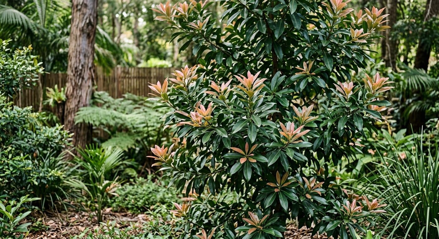 Glossy dark-green foliage of an Eumundi quandong flushing pink and bronze at the tips on an upright rainforest screen tree in a Brisbane garden