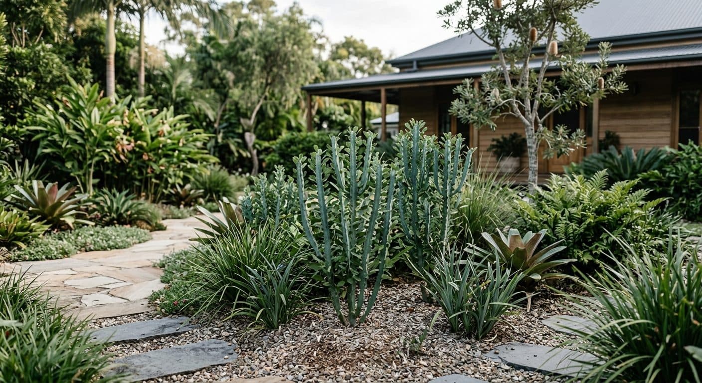 A rounded architectural Euphorbia 'Cowboy' with fine blue-green foliage and lime flower heads in a sunny Brisbane garden in a Brisbane garden setting