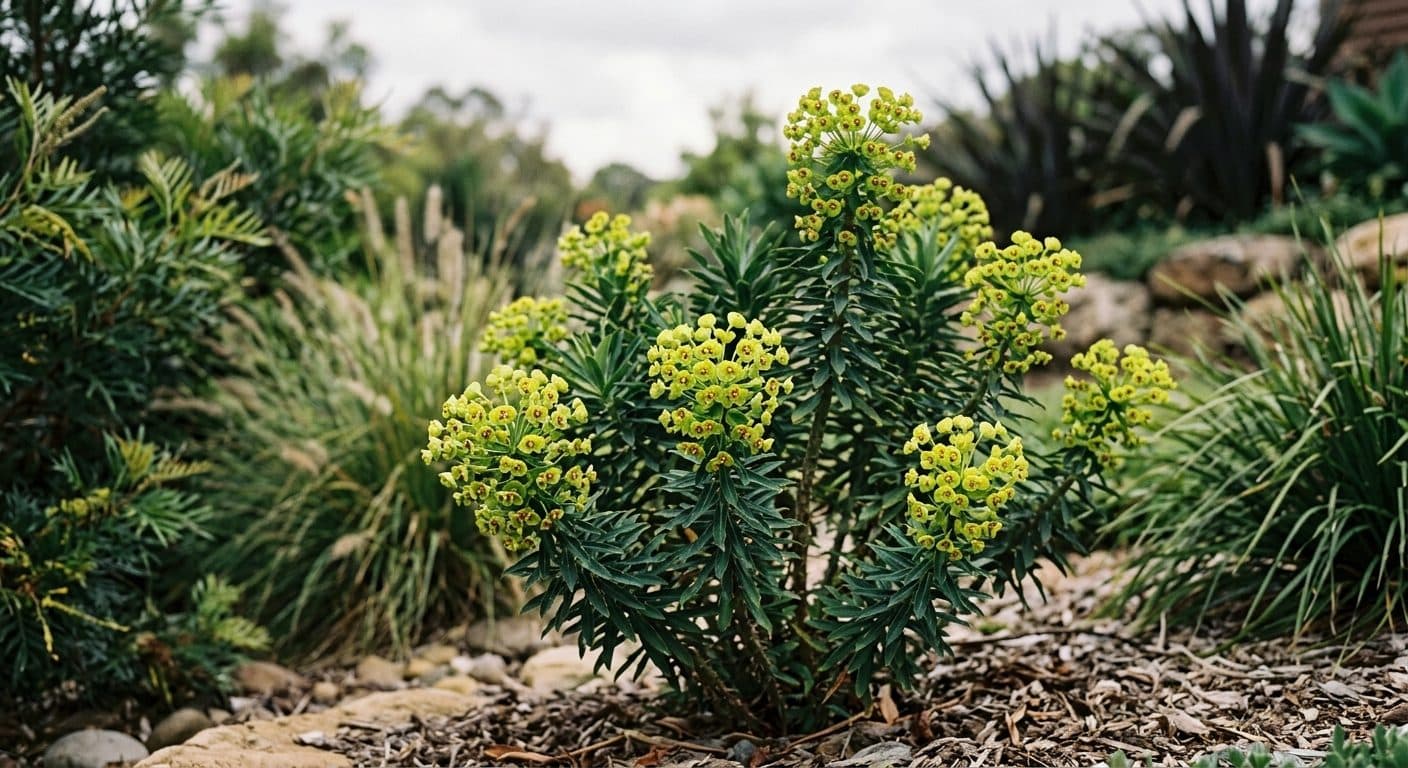 A rounded architectural Euphorbia 'Cowboy' with fine blue-green foliage and lime flower heads in a sunny Brisbane garden detail