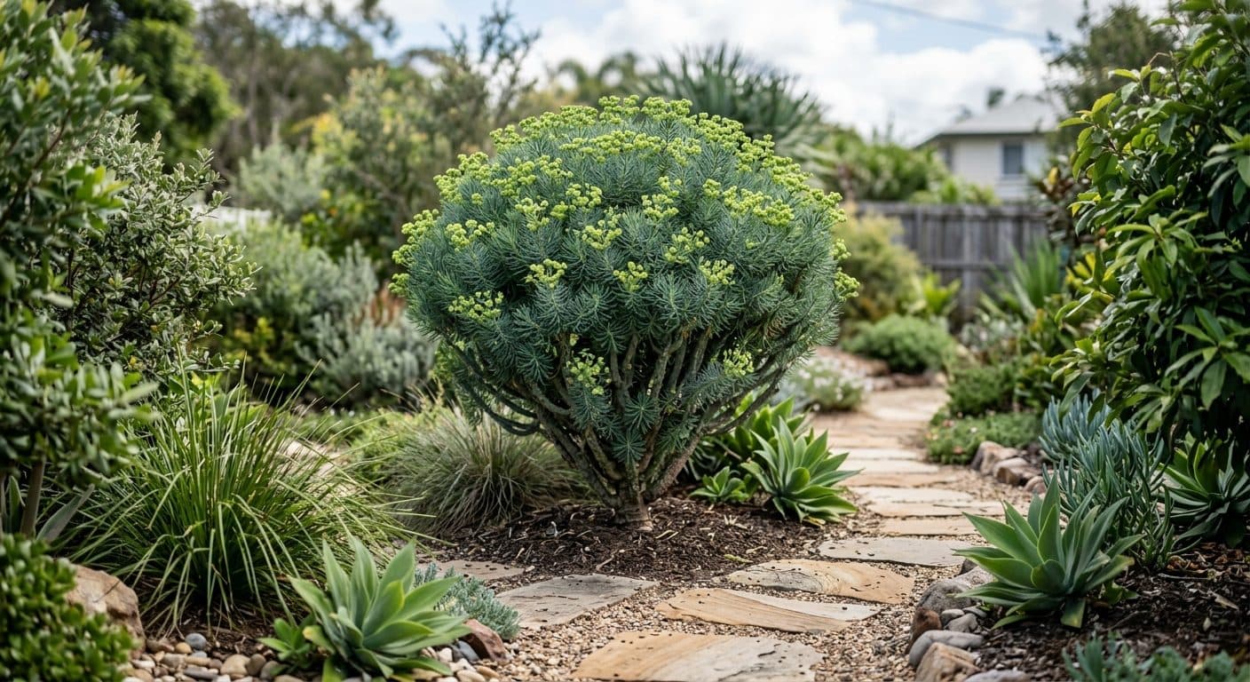 A rounded architectural Euphorbia 'Cowboy' with fine blue-green foliage and lime flower heads in a sunny Brisbane garden