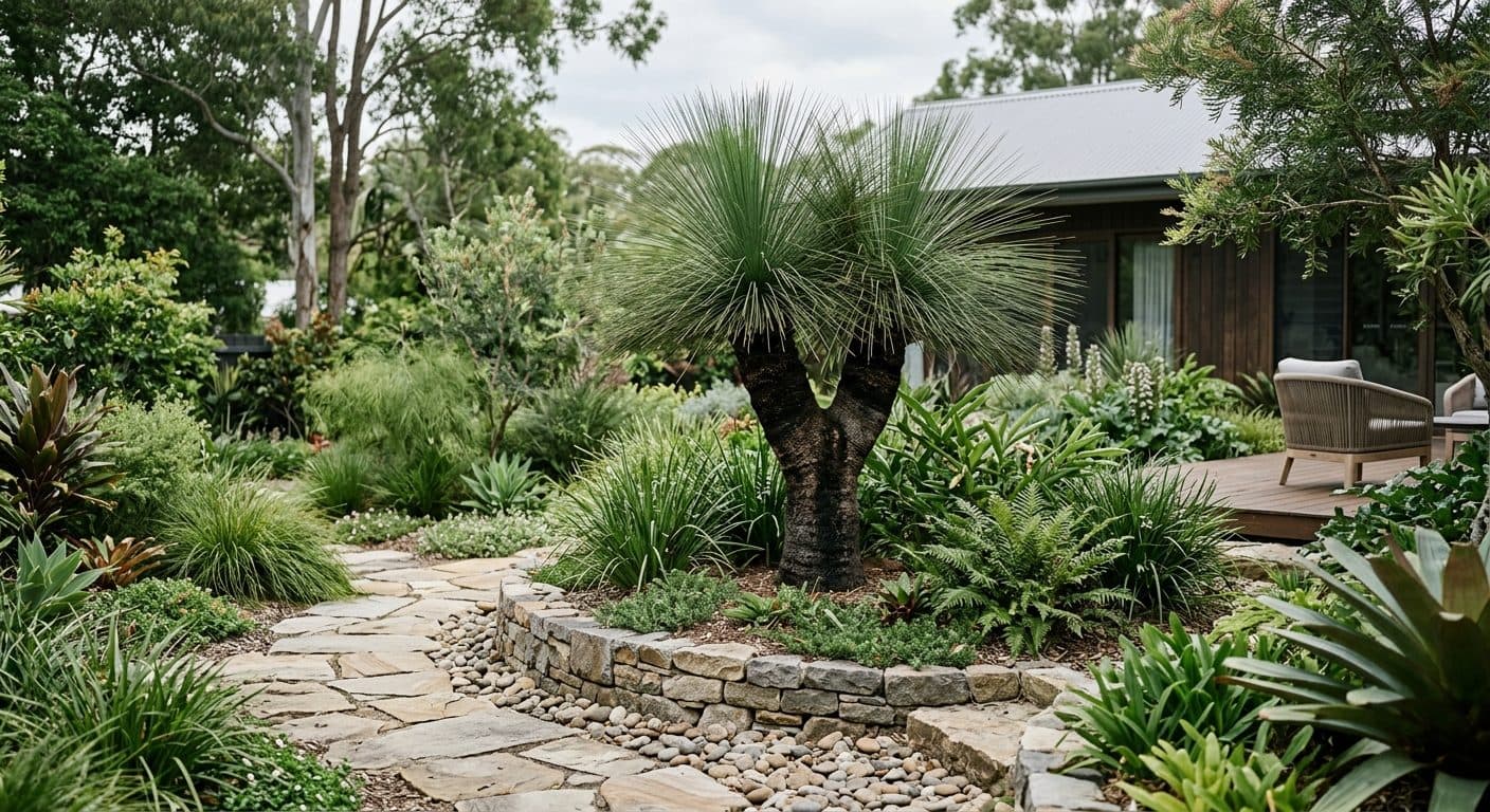 A sculptural Australian grass tree (Xanthorrhoea) with a dark trunk and a fountain of fine green foliage in a Brisbane garden in a Brisbane garden setting